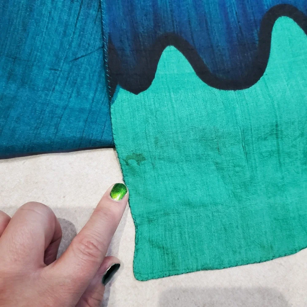 Hand Woven‎ Pure Silk Scarf Teal Blue Green Abstract Drip Design India